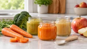 AI-generated illustration of generic baby food, not tested or recalled products.