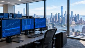 AI-generated illustrative financial-market office, not ICE or MarketAxess premises.