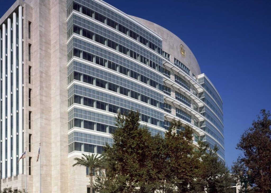 Archive photograph of the Ronald Reagan Federal Courthouse in Santa Ana, California, not a photograph of the hearing.
