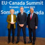 Ursula von der Leyen, Mark Carney and Antonio Costa at Brussels EU-Canada summit June23 2025. Archive, not Montreal October2026.