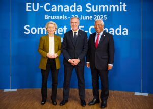Ursula von der Leyen, Mark Carney and Antonio Costa at Brussels EU-Canada summit June23 2025. Archive, not Montreal October2026.