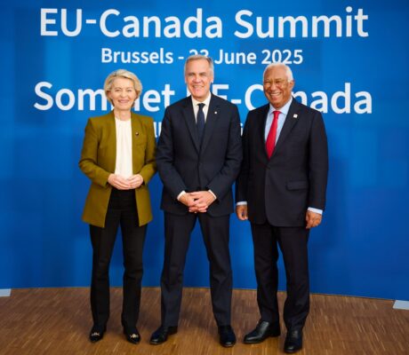 Ursula von der Leyen, Mark Carney and Antonio Costa at Brussels EU-Canada summit June23 2025. Archive, not Montreal October2026.