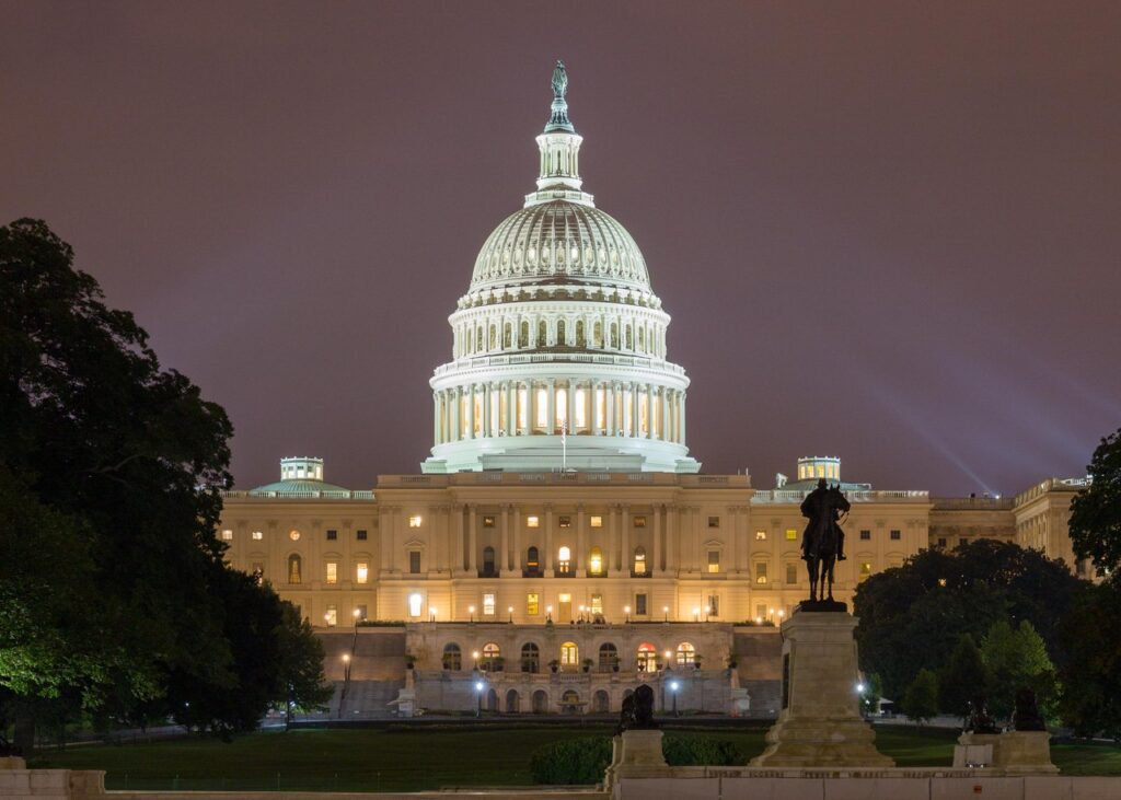 U.S. Capitol at night in August 2017. Archive photograph.