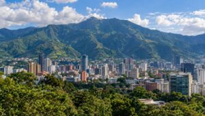 AI-generated Caracas cityscape illustration, not a photograph of Machado return.