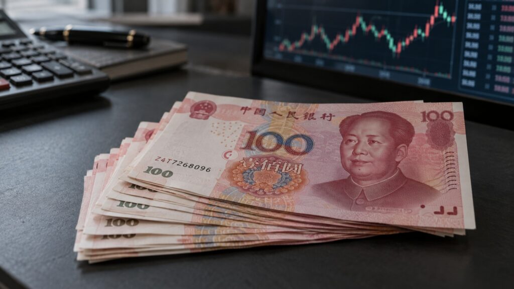 Renminbi banknotes beside a financial-market screen.