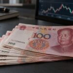 Renminbi banknotes beside a financial-market screen.