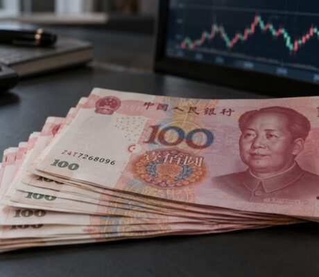 Renminbi banknotes beside a financial-market screen.