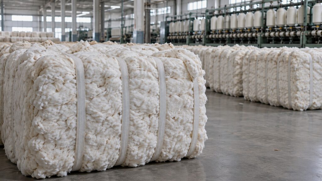 Cotton bales in a textile warehouse.