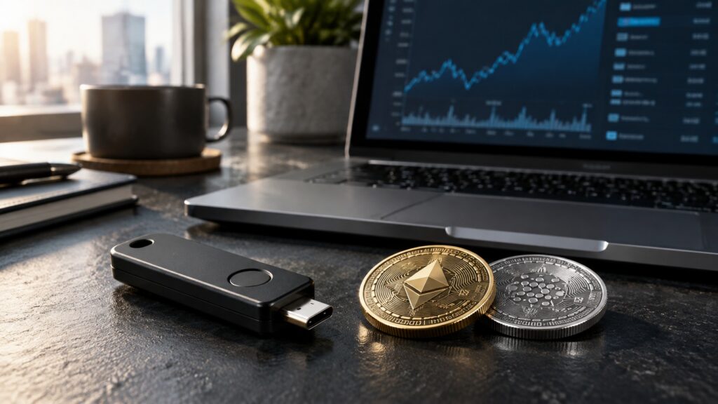 Hardware security key and cryptocurrency tokens beside a laptop.
