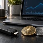 Hardware security key and cryptocurrency tokens beside a laptop.