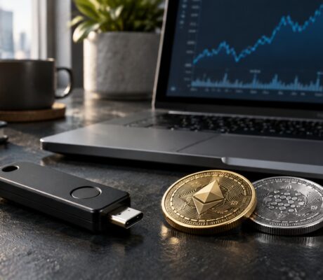 Hardware security key and cryptocurrency tokens beside a laptop.