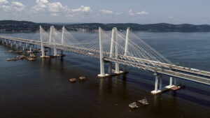 Aerial view of the Governor Mario M. Cuomo Bridge across the Hudson River