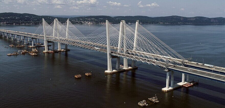 Aerial view of the Governor Mario M. Cuomo Bridge across the Hudson River