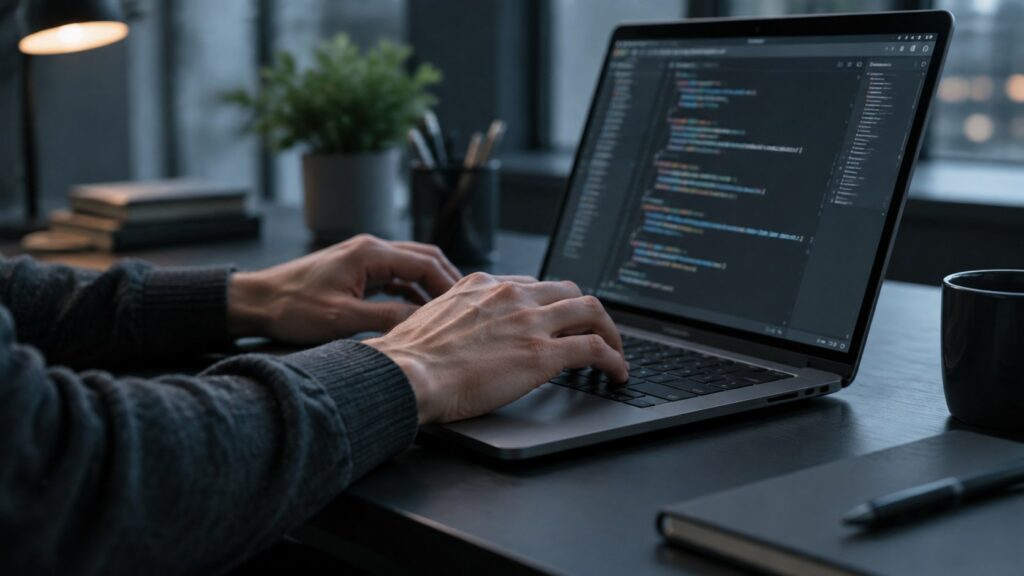 Hands typing on a laptop with a code editor open.