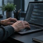Hands typing on a laptop with a code editor open.