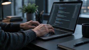 Hands typing on a laptop with a code editor open.