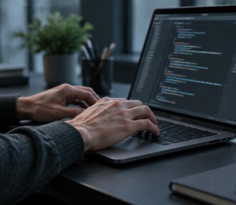 Hands typing on a laptop with a code editor open.