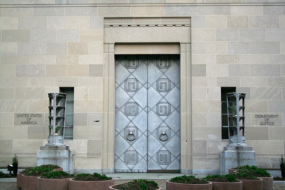 An entrance to the Robert F. Kennedy Department of Justice Building in Washington, photographed in April 2007. Archive photo.