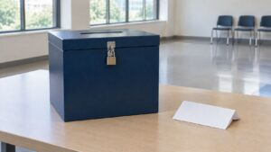 AI-generated generic ballot-box illustration, not an actual polling place