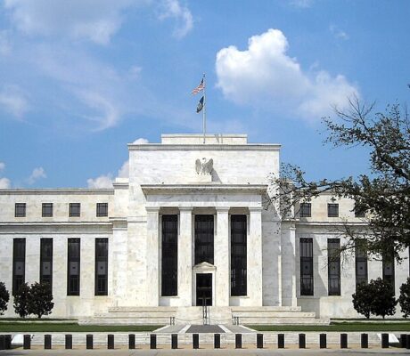 The Federal Reserve Board building in Washington in an August 2008 archive photograph, not the Dallas Fed or Logans Davidson College appearance.