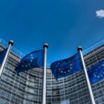 Archive photograph of European Union flags outside the Berlaymont building in Brussels, May2014.