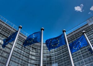 Archive photograph of European Union flags outside the Berlaymont building in Brussels, May2014.