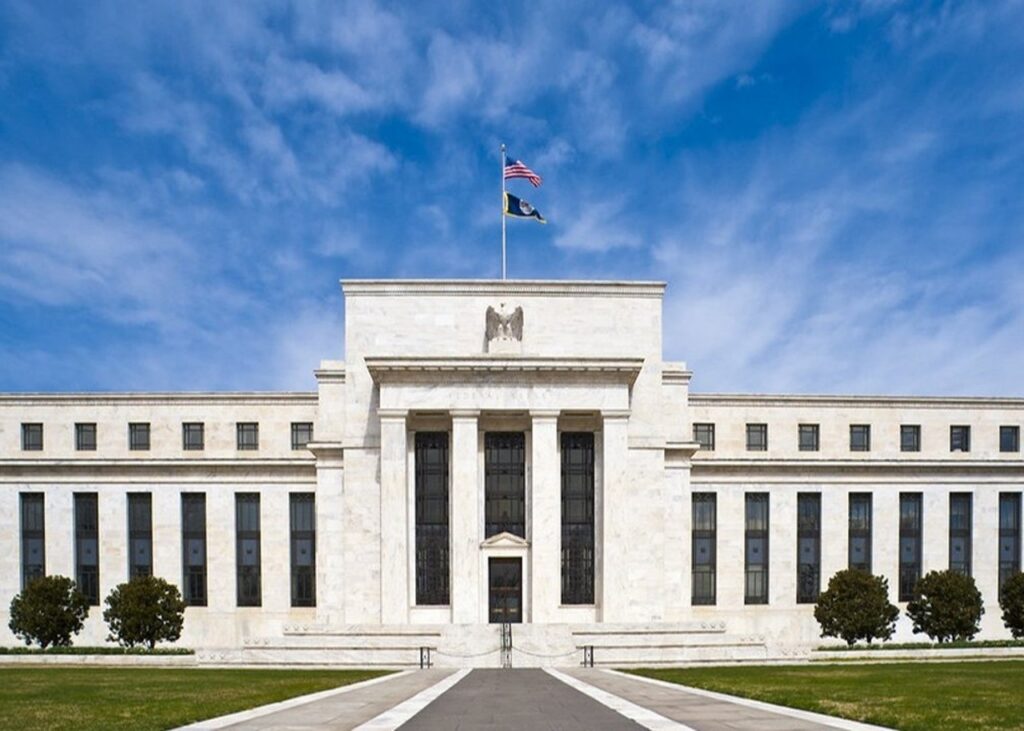 Archive photo of the Federal Reserve Eccles Building entrance in Washington, March 2016