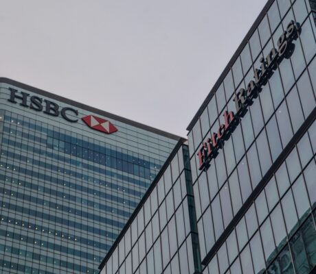 Fitch Ratings office signage in Canary Wharf, London, in February 2023.