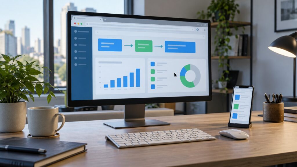Desktop monitor and phone displaying a computer workflow.