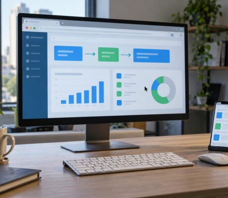 Desktop monitor and phone displaying a computer workflow.