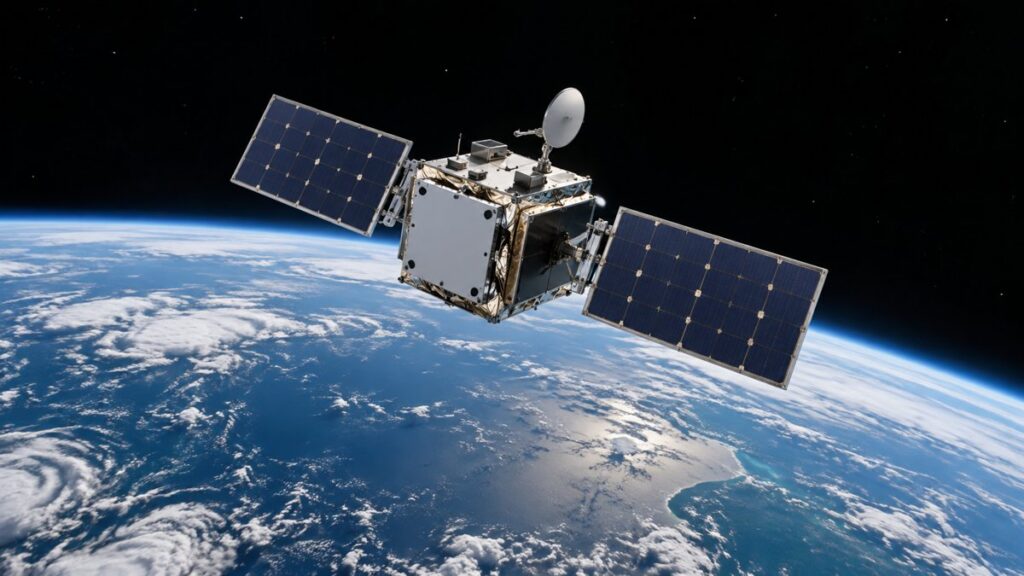 Illustration of a small research satellite in orbit.