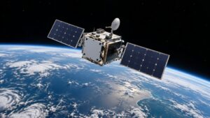 Illustration of a small research satellite in orbit.