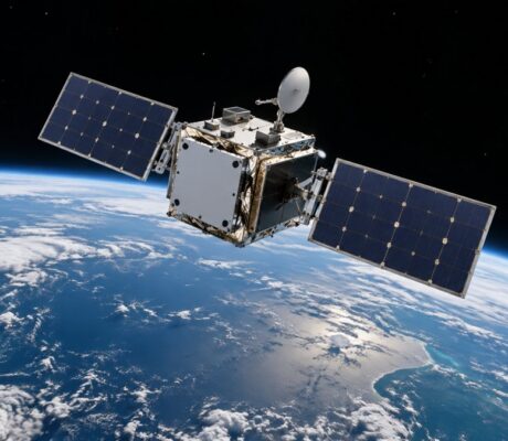 Illustration of a small research satellite in orbit.