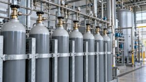 AI-generated illustration of generic industrial gas equipment, not an actual helium production facility.