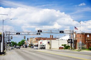 Railroad crossing on Park Avenue in Herrin, Illinois, June 5, 2021.
