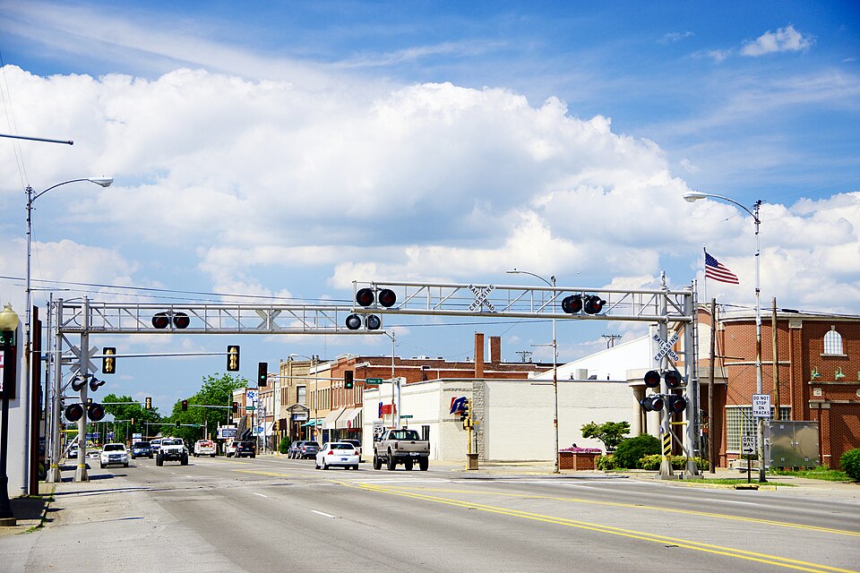 Railroad crossing on Park Avenue in Herrin, Illinois, June 5, 2021.