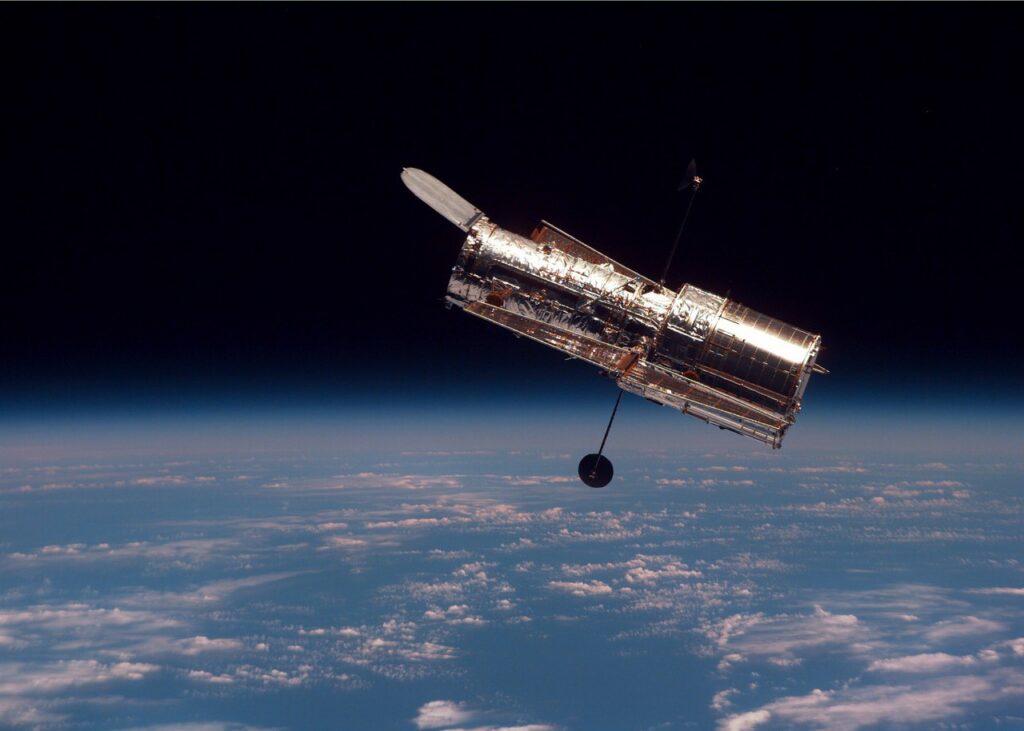 Hubble Space Telescope after its second servicing mission in February1997. NASA archive.