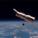 Hubble Space Telescope after its second servicing mission in February1997. NASA archive.