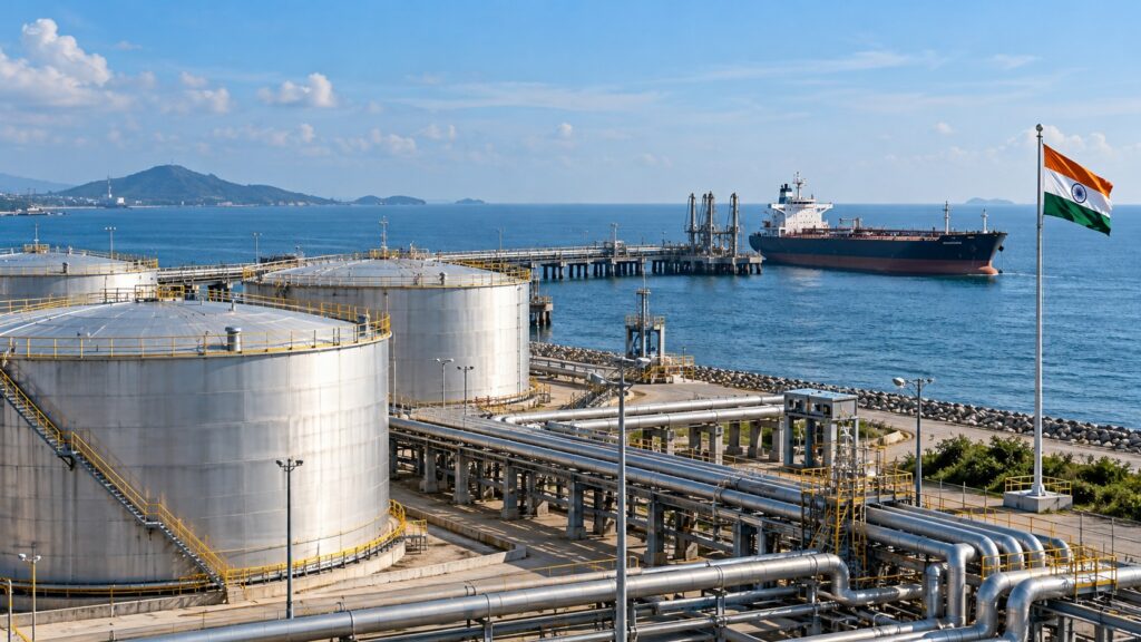 Fuel storage tanks and pipelines beside a tanker and Indian flag.