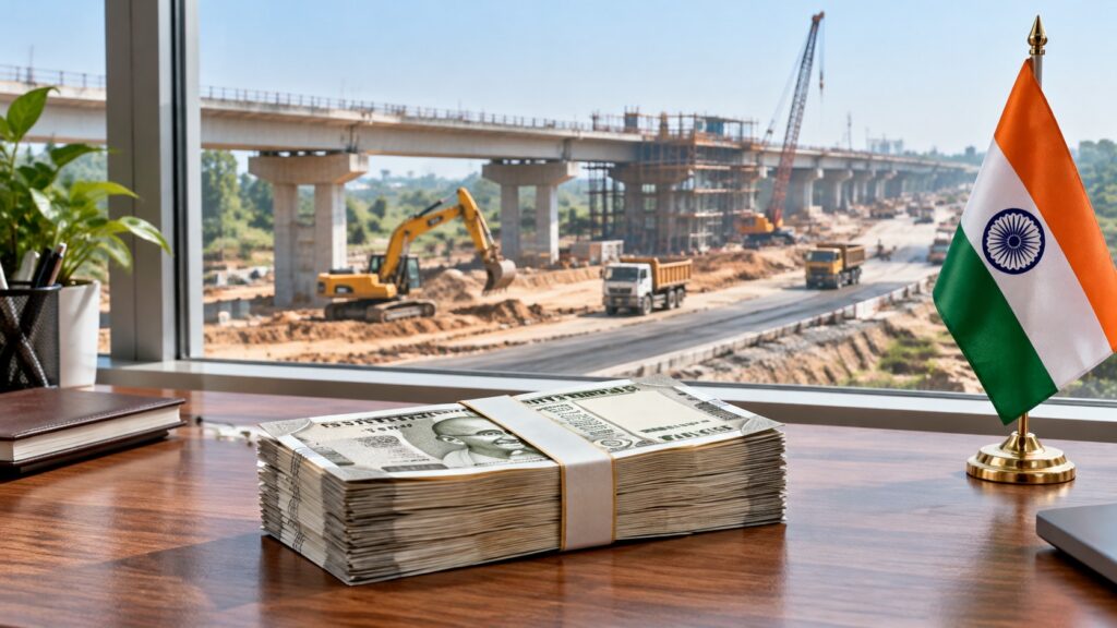 Rupee banknotes and Indian flag beside a construction site.
