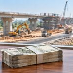 Rupee banknotes and Indian flag beside a construction site.