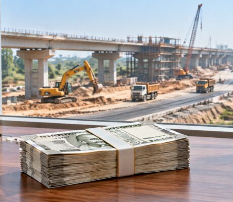 Rupee banknotes and Indian flag beside a construction site.