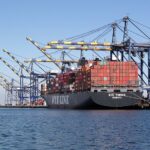 Container ship NYK Themis at the Port of Los Angeles in September 2021. Archive photograph, not a current disruption.