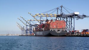 Container ship NYK Themis at the Port of Los Angeles in September 2021. Archive photograph, not a current disruption.
