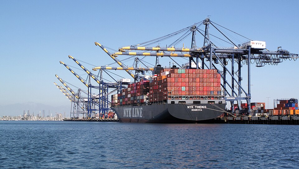 Container ship NYK Themis at the Port of Los Angeles in September 2021. Archive photograph, not a current disruption.