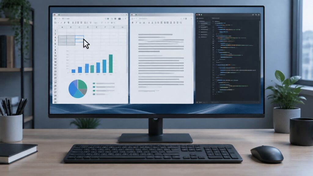 Desktop monitor displaying spreadsheet, document and code windows.
