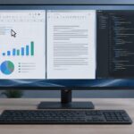 Desktop monitor displaying spreadsheet, document and code windows.