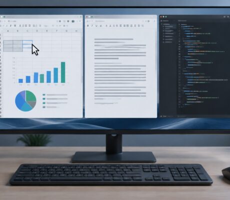 Desktop monitor displaying spreadsheet, document and code windows.