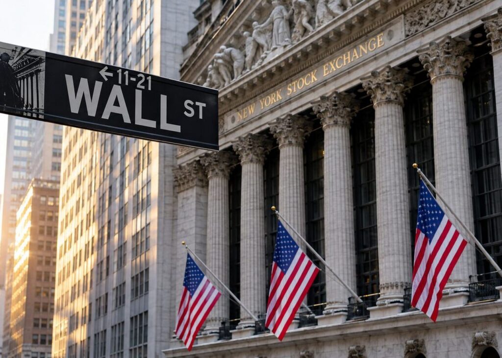 Generated illustration of a Wall Street sign and New York Stock Exchange facade.