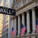 Generated illustration of a Wall Street sign and New York Stock Exchange facade.